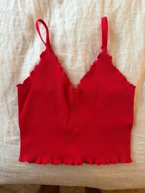 Bright Red Ribbed Scallop-Edge Crop Cami